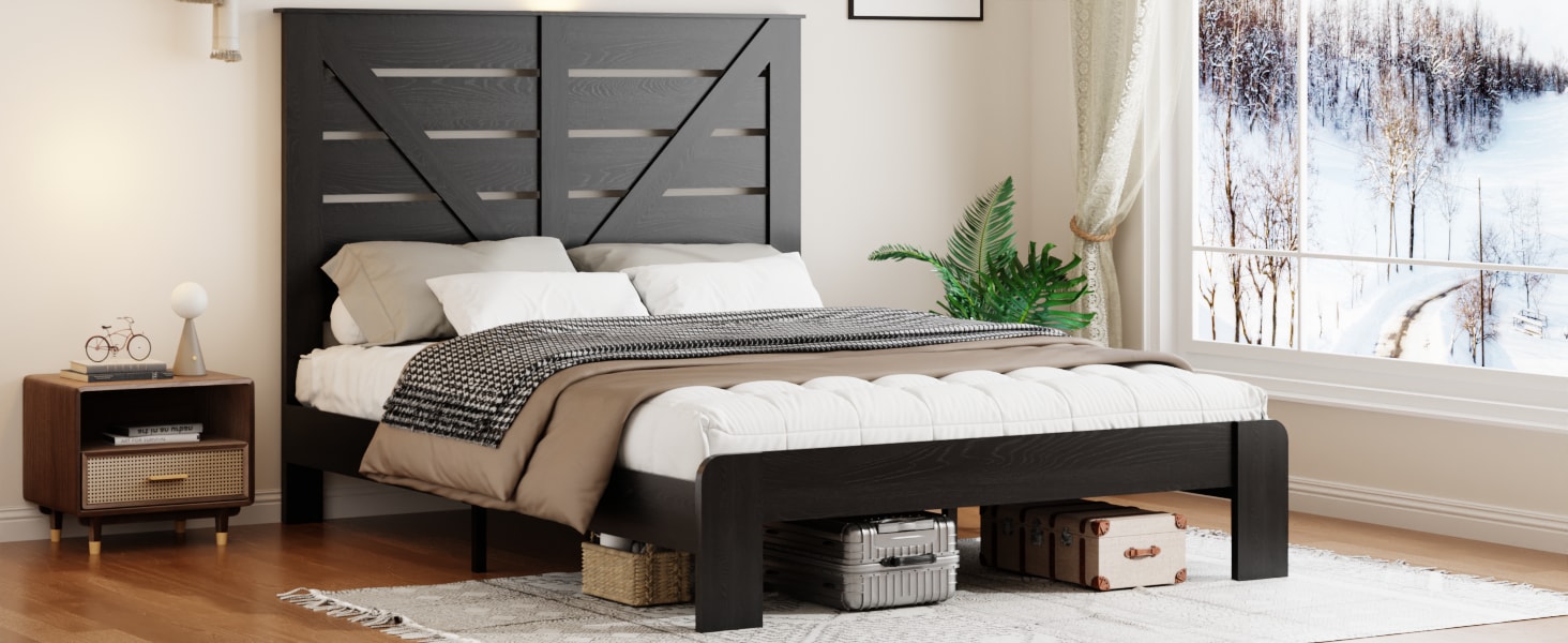 Queen Bed Frame Headboard , Wood Platform Bed Frame , Noise Free,No Box Spring Needed And Easy Assembly Tool,Large Under Bed Storage, Black_voghion.com